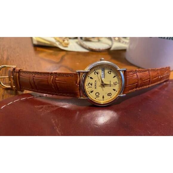 Women's 34mm Ronica Gold Tone Watch, Day/Date, Brown Band - Picture 1 of 3